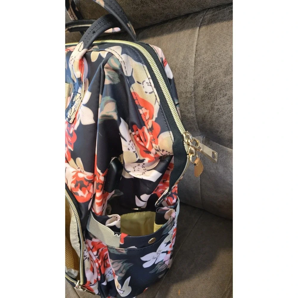 Black Floral Diaper Bag Backpack USB Opening RFID Travel Laptop Organizer Bag